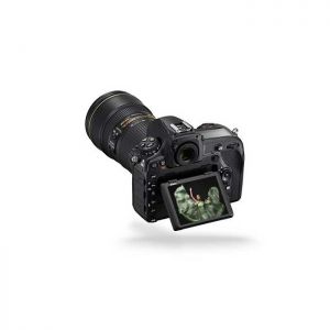 Nikon D850 DSLR rear view with tilting LCD display and 24-120mm lens