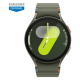 Side profile view of the Samsung Galaxy Watch7 showcasing the textured olive green strap with orange stitching details and the metallic case buttons.