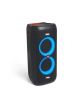 JBL PartyBox 100 portable Bluetooth party speaker with LED ring lights – front angled view (Black)
