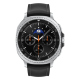 Samsung Galaxy Watch8 Classic 46mm Bluetooth smartwatch with silver case and black leather strap laid flat against white background.