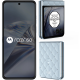 Slim side profile view of the light blue Motorola Razr 60 showing the volume rocker, power button, and sleek metallic hinge mechanism against a white background.