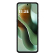 Side profile view of the Motorola Razr 60 Ultra foldable smartphone in Forest Green, highlighting the sleek hinge mechanism and the expansive external display showing the time and date.
