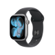 Apple Watch Series 11 GPS 42mm Space Grey Aluminium with Black Sport Band – Front Angle View.A close-up view of a space grey Apple Watch with a black sport band, displaying a bright blue circular user interface.