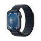 An Apple Watch Series 9 with a midnight black aluminum case and a matching midnight sport loop band displayed against a white background
