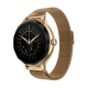 Angled view of the gold NoiseFit Diva smartwatch featuring a celestial sun and moon analog watch face and a premium mesh strap.