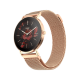 Angled shot of the NoiseFit Diva 2 Elite displaying a red floral analog-style watch face on the 1.43-inch AMOLED screen with a rose gold mesh strap.