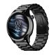 NoiseFit Mettle smartwatch close-up with black stainless steel strap and round dial on a clean white background