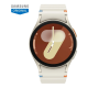 Side profile view of the Samsung Galaxy Watch7 showcasing the textured olive green strap with orange stitching details and the metallic case buttons.