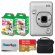 FUJIFILM Instax Mini LiPlay White hybrid instant camera bundle with Instax Mini film packs, SanDisk 32GB memory card, carrying case, and cleaning cloth for complete instant photography setup