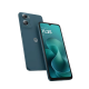 Motorola G06 smartphone in deep blue-green finish showcasing the rear dual-camera design and HD+ display, angled front and back product view with sleek modern styling.
