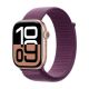 Apple Watch Series 10 GPS 46mm Rose Gold Aluminium smartwatch with Plum Sport Loop strap, front angled view showing large edge-to-edge display