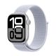 Apple Watch Series 10 GPS 42mm Silver Aluminium with Blue Cloud Sport Loop, front angled view showing large Retina display