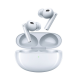 Realme ice white true wireless earbuds with premium metallic stems floating above an open glossy charging case, showcasing elegant design and advanced wireless audio – Placewell Retail Siliguri & Gangtok