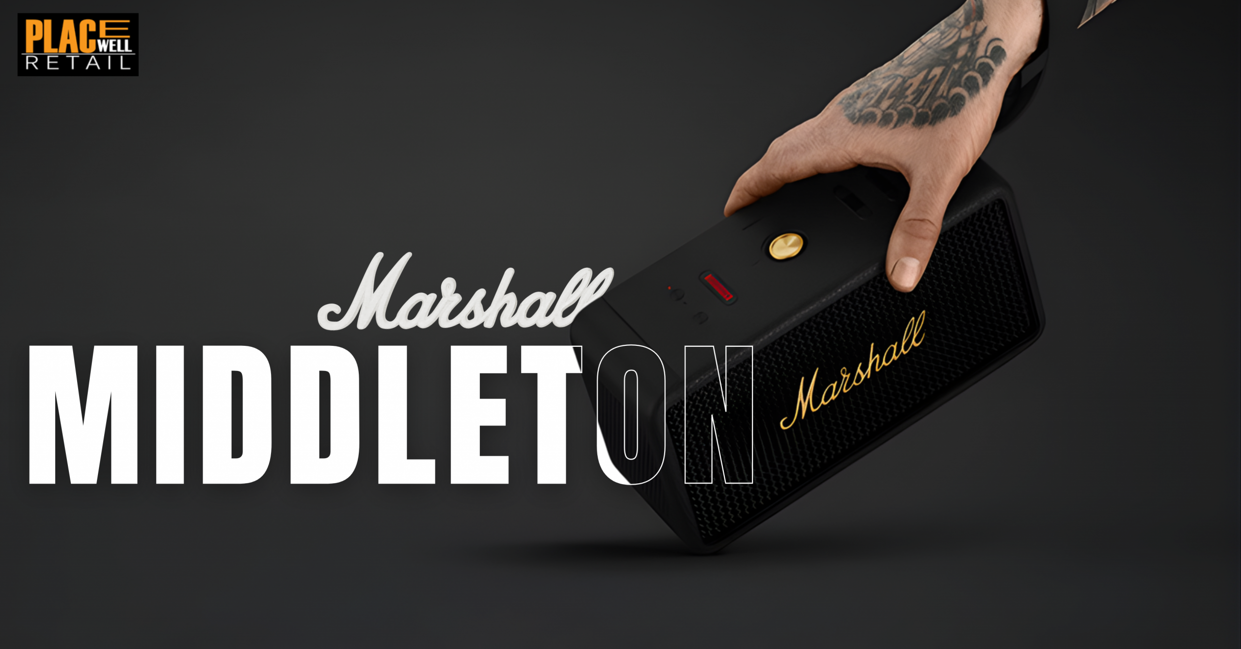 Marshall Middleton portable Bluetooth speaker with powerful 360° sound and long battery life in Black & Brass available at Placewell Retail Siliguri & Gangtok