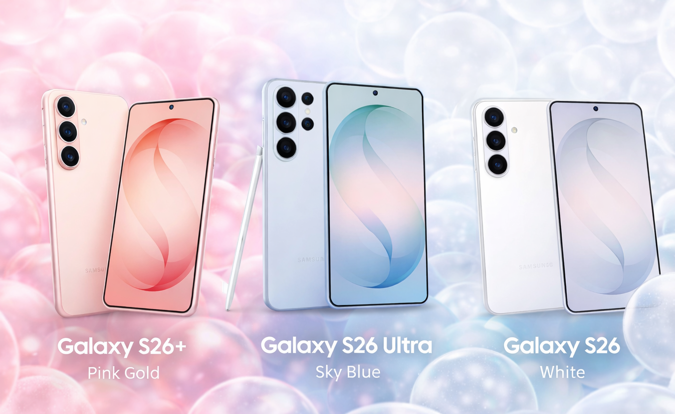 Samsung Galaxy S26 Series 5G featuring Galaxy S26+ Pink Gold, Galaxy S26 Ultra Sky Blue and Galaxy S26 White with gradient bubble background – Placewellretail siliguri & gangtok