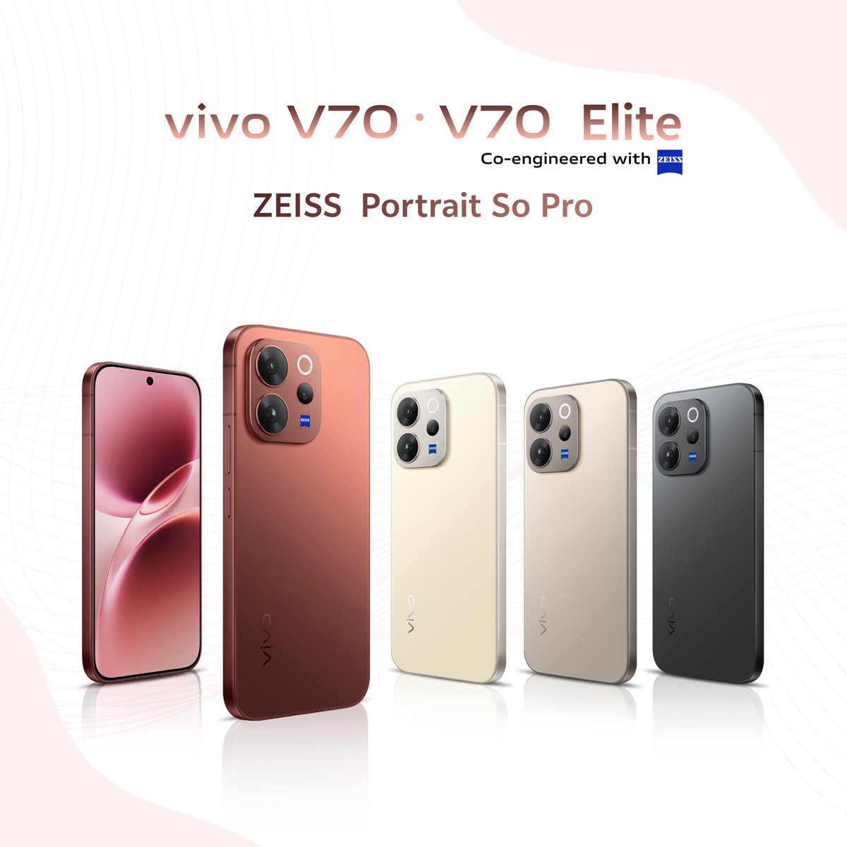 vivo V70 and V70 Elite smartphones showing multiple color variants with ZEISS camera design and front display view – Placewellretail siliguri & gangtok