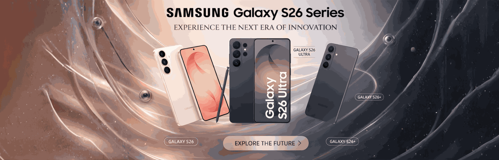 Samsung Galaxy S26 Series 5G banner featuring Galaxy S26, S26+ and S26 Ultra with premium design – Available at Placewell Retail Siliguri & Gangtok