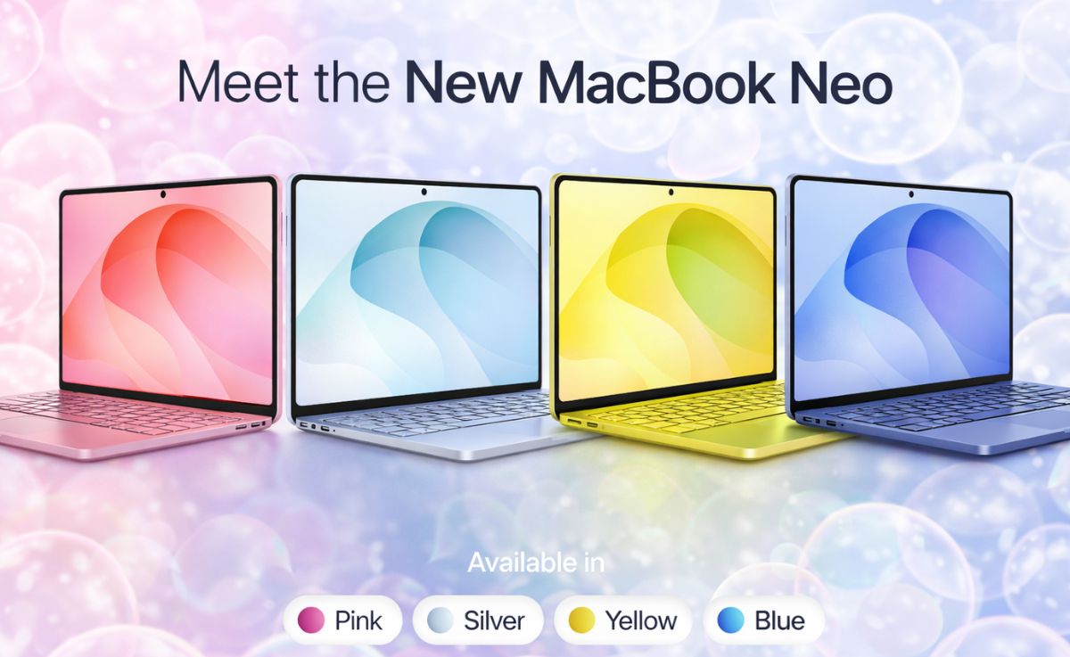 MacBook Neo lineup in pink, silver, yellow and blue colors with modern gradient display showcasing new design options Placewellretail siliguri & gangtok