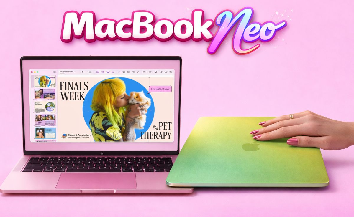 MacBook Neo pink open laptop with display and green closed MacBook with hand on baby pink background stylish gen z design Placewellretail siliguri & gangtok